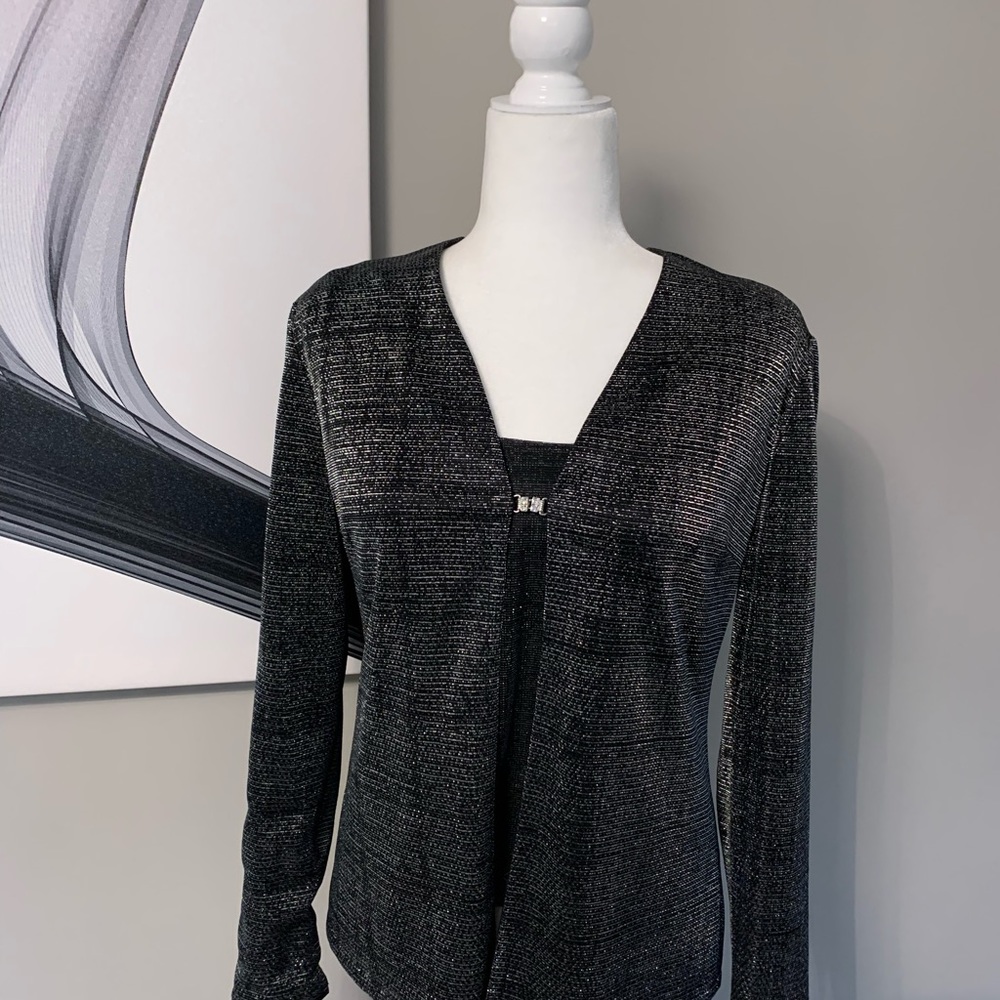Liz Claiborne Night Black Silver Metallic Rhinestone 2-piece cocktail top blouse - Picture 4 of 12